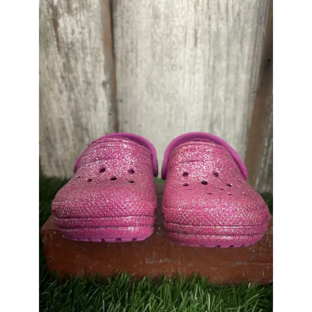 CROCS Classic Lined Vibrant Pink Glitter Toddler Clogs C4